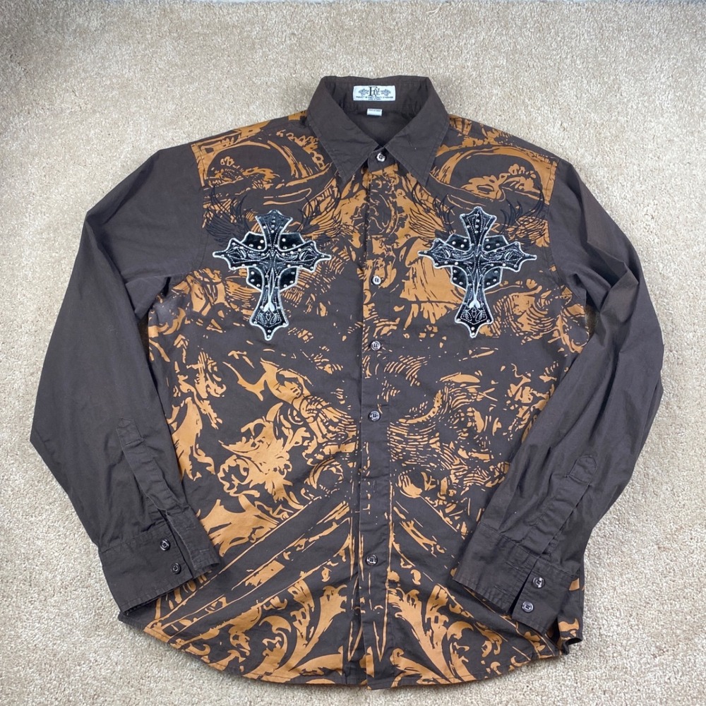 Men's XL Brown Graphic Print Button Down Shirt with Cross Embellishments‎
